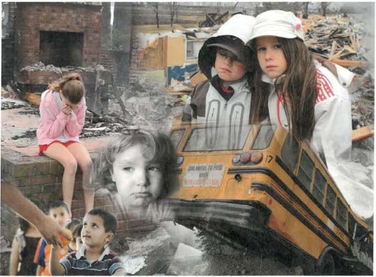 Collage of sad children in disaster situations. Image includes a school bus, burnt buildings, and sad kids. 